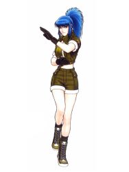  1990s_(style) blue_hair boots brown_shorts crop_top earrings female fighting_stance gloves jewelry leona_heidern long_hair loose_socks midriff military mori_toshiaki official_art photoshop_(medium) ponytail retro_artstyle shorts sleeves_rolled_up socks solo the_king_of_fighters the_king_of_fighters_&#039;98 vest 