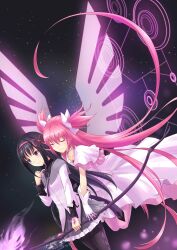  2girls absurdres akemi_homura akemi_homura_(magical_girl) black_hair bow_(weapon) closed_eyes collarbone commentary_request flying gloves highres hug hug_from_behind kaname_madoka light_smile long_hair magical_girl mahou_shoujo_madoka_magica mahou_shoujo_madoka_magica_(anime) multiple_girls pantyhose pink_hair purple_hair ribbon space spoilers ultimate_madoka very_long_hair weapon white_gloves wings yuj_(moemarket) 