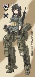  adapted_object animal_ears bad_id bad_pixiv_id battle_rifle between_breasts black_hair blue_eyes breasts character_name commentary dakku_(ogitsune) emblem female fingerless_gloves fox_ears fox_girl full_body gloves goggles goggles_on_head gun gun_sling h&amp;k_g3 karlsland land_striker leopard_2_(personification) load_bearing_equipment long_hair looking_at_viewer mecha_musume military military_uniform original pantyhose personification photoshop_(medium) rifle sleeves_rolled_up solo standing strike_witches_1991 striker_unit uniform weapon world_witches_series 