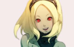  :d bare_shoulders blonde_hair collarbone dark-skinned_female dark_skin dot_pupils female forehead gravity_daze hairband happy highres kitten_(gravity_daze) lips long_hair looking_at_viewer official_art open_mouth pink_background red_eyes saitou_shunsuke scarf simple_background smile solo teeth upper_body 