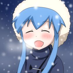  :d blue_hair breath closed_eyes coat commentary_request female hat ikamusume karuta_(karuta01) long_hair open_mouth shinryaku!_ikamusume sidelocks smile snow solo upper_body 