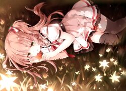  black_thighhighs blush chinese_commentary chiyingzai commentary_request female glowing grass green_eyes hair_ribbon leaf long_hair lying on_grass on_ground on_side original photoshop_(medium) pink_hair ribbon skirt solo thighhighs 