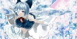  bad_id bad_pixiv_id blue_eyes blue_hair cirno commentary_request eyepatch female hair_ribbon highres ice ice_wings memai partial_commentary photoshop_(medium) ribbon short_hair smile snowflakes solo touhou wings 