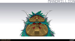  2026 absurd_res ambiguous_feral ambiguous_gender blue_body blue_fur clothing colored company_name concept_art digital_drawing_(artwork) digital_media_(artwork) english_description english_text felid feral fur gradient_background grey_background haplorhine headgear headwear hi_res highguard_(game) light lighting mammal mandrillion_(highguard) monkey multicolored_body multicolored_fur nicholas_patrick_kelana official_art old_world_monkey primate rear_view red_clothing red_headwear shaded simple_background solo text 