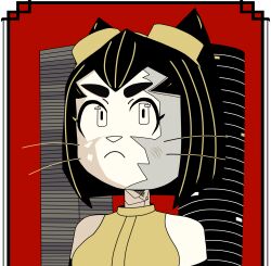  2026 anthro black_hair black_lines breasts building bull3t clothing determined digital_drawing_(artwork) digital_media_(artwork) domestic_cat eyebrows eyelashes eyewear eyewear_on_head felid feline felis female frown fur gameoverse glitch_productions goggles goggles_on_head gold_stripes hair hi_res kit_bodega looking_up mammal pupils simple_background skyscraper sleeping_dogs sleeveless_clothing solo white_body white_eyes white_fur white_nose white_sclera 