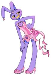  2026 absurd_res anthro big_ears blush cleavage_cutout clothing cutout digital_drawing_(artwork) digital_media_(artwork) dress english_description female footwear fur glitch_productions hand_on_hip hand_on_own_hip hi_res high_heels humanoid_hands jax_(tadc) lagomorph leporid looking_at_viewer lyssahh mammal pink_clothing pink_dress pink_footwear pink_high_heels pink_shoes purple_body purple_fur rabbit shoes simple_background smile smiling_at_viewer solo standing the_amazing_digital_circus trans_(lore) trans_woman_(lore) white_background 