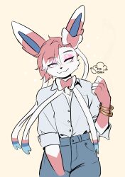  absurd_res accessory anthro blind blue_inner_ear bottomwear bow_tie bracelet clothing dipstick_ears disability ear_markings eeveelution eyeliner eyeshadow felix_(custom_ink) generation_6_pokemon gloves_(marking) hair hair_accessory hair_ribbon hi_res jewelry looking_at_viewer makeup male markings mascara multicolored_ears nintendo pants pink_ears pink_eyeliner pink_eyeshadow pink_hair pink_hands pokemon pokemon_(species) pokemorph ribbons shirt sidecut skyebork smile solo standing sylveon topwear unbuttoned_shirt white_ear_tips white_eyes white_fingers 