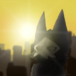  1:1 anthro black_body black_fur bone_mask canid canine canis changed_(video_game) city fur goo_creature hi_res light looking_at_viewer male mammal mask multicolored_body puro_(changed) ruins sky solo standing sun sunlight sunrise white_eyes wolf wolfchengchibai yellow_sky 