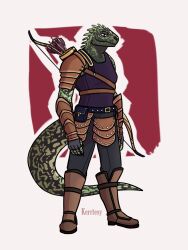  2019 5_fingers anthro archer armor arrow_(weapon) belt belt_buckle belt_pouch black_belt black_bottomwear black_clothing black_eyes black_pants boots bottomwear bow_(weapon) breasts brown_boots brown_clothing brown_footwear brown_gauntlets brown_pauldron buckle cel_shading closed_smile clothed clothed_anthro clothed_female clothing colored digital_drawing_(artwork) digital_media_(artwork) dragonborn_(dnd) dungeons_and_dragons english_description female female_anthro fingerless_gloves fingers footwear full-length_portrait fully_clothed fully_clothed_anthro fully_clothed_female gauntlets gloves green_body green_skin green_tail grey_clothing grey_fingerless_gloves grey_gloves grey_handwear handwear hasbro hi_res light lighting lunareel male mouth_closed multicolored_body multicolored_skin multicolored_tail non-mammal_breasts pants pauldron portrait purple_clothing purple_shirt purple_tank_top purple_topwear ranged_weapon scalie shaded shirt shoes small_breasts smile solo standing tail tank_top text three-quarter_view topwear weapon weapon_on_back wizards_of_the_coast 