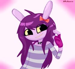  2026 absurd_res ahoge anthro big_eyes blush clothing digital_drawing_(artwork) digital_media_(artwork) english_description female fingerless_gloves glitch_productions gloves gooseworx's_post-transition_jax_design grey_clothing grey_shirt grey_topwear hair handwear hi_res humanoid_hands jax_(tadc) lagomorph leporid long_hair looking_at_viewer mammal missnatzooie off-shoulder_top purple_clothing purple_fingerless_gloves purple_gloves purple_hair purple_handwear rabbit shirt smile smiling_at_viewer solo the_amazing_digital_circus topwear trans_(lore) trans_woman_(lore) 