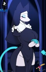  2026 anthro big_breasts blush blush_stickers breasts closed_eyes clothing darkner deltarune eyelashes felid feline felis female headdress hi_res legwear long_eyelashes lyorenth-the-dragon mammal nun nun_outfit solo tasque_manager tasque_manager_(nun) thigh_highs undertale_(series) white_body wide_hips 