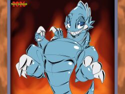  2026 3_toes 4:3 4_fingers ambiguous_gender anthro bedroom_eyes belly blue_body blue_eyes blue_eyes_toon_dragon claws colored curling_toes curvy_figure dark_eyelids digital_drawing_(artwork) digital_media_(artwork) dragon duel_monster english_description eyebrows facial_horn feet finger_claws fingers fire fire_background gesture gesturing_at_viewer glistening glistening_body half-closed_eyes heart_gesture hi_res horn long_tail looking_at_viewer lying monster multicolored_body mythological_creature mythological_scalie mythology narrowed_eyes ner0_kobold on_back pupils raised_eyebrows reptile scalie seductive segmented_arms segmented_body segmented_tail sharp_teeth showing_teeth signature smile smiling_at_viewer solo tail teeth thick_tail thick_thighs toe_claws toes two_tone_body watermark white_claws white_fingers white_horn white_pupils white_toes wide_hips yu-gi-oh! 