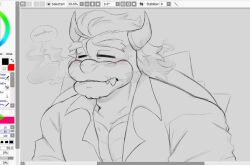  2023 2_horns anthro art_program_in_frame blush blush_lines bowser bust_portrait closed_eyes clothed clothed_anthro clothed_male clothing curved_horn dialogue digital_drawing_(artwork) digital_media_(artwork) english_description english_text eyebrows fangs feeniroir grey_background grey_dress_shirt grey_eyebrows grey_hair grey_horn grey_shell grey_spikes hair horn koopa male male_anthro mario_bros medium_hair nintendo number pecs percentage plus_symbol portrait scalie shell simple_background smoke smoke_from_mouth solo spiked_shell spikes spikes_(anatomy) teeth text thick_eyebrows tired unfinished 