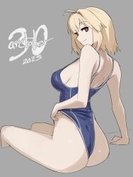  2025 absurdres antenna_hair arcueid_brunestud ass back blonde_hair breasts dated female from_behind from_side grey_background highleg highleg_one-piece_swimsuit highres invisible_chair jonyeld looking_at_viewer medium_breasts one-piece_swimsuit red_eyes short_hair sideboob simple_background single_hair_intake sitting smile solo strap_gap swimsuit tsukihime 