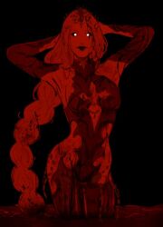  arms_behind_head baldur's_gate baldur's_gate_3 black_background black_lips black_sclera blood braid closed_mouth colored_sclera commentary cowboy_shot dungeons_&amp;_dragons female glowing glowing_eyes horror_(theme) long_hair looking_ahead looking_at_viewer missamethysa no_pupils orin_the_red red_theme simple_background single_braid solo white_eyes 