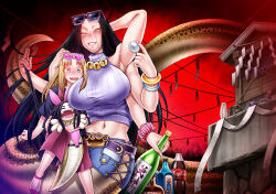  1boy age_difference bottle breasts character_doll chiba_toshirou commentary_request cover cover_page crop_top dara-san_(reiwa_no_dara-san) doll doujin_cover extra_arms eyewear_on_head female heart heart-shaped_eyewear huge_breasts long_hair looking_at_viewer midriff misogiya_kaoru navel onee-shota reiwa_no_dara-san sake_bottle shrine sleeveless sleeveless_turtleneck snake_girl snake_tail soda_bottle straight sunglasses tail trap turtleneck very_long_hair wavy_mouth 