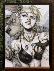  2022 arm_tattoo bandana bead_necklace beads beer_can bikini bikini_top_only black_bikini blonde_hair blue_eyes breasts can canine cigarette collarbone commentary drink_can english_commentary explosive female grenade highres holding holding_can holding_grenade jewelry looking_at_viewer marker_(medium) medium_breasts necklace peace_symbol_tattoo photo_(medium) signature simple_background solo stanley_lau swimsuit tank_girl tank_girl_(character) tattoo traditional_media upper_body 
