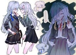  2girls alternate_costume black_sweater blonde_hair blood blue_hair blunt_bangs canine chibi chibi_inset closed_eyes collared_shirt commentary cropped_hoodie drawstring from_side grabbing_another's_chin grey_eyes grey_hair hair_over_one_eye hand_on_another's_chin heart high-waist_skirt high_collar highres holding holding_scythe holding_syringe hood hoodie isekaijoucho jiuyi9109 kamitsubaki_studio long_hair long_sleeves looking_at_another multiple_girls necktie one_side_up open_clothes open_hoodie pleated_skirt red_eyes school_uniform scythe shirt sidelocks skirt spoken_heart sweater syringe untranslatable_commentary v-neck wavy_hair wing_collar 