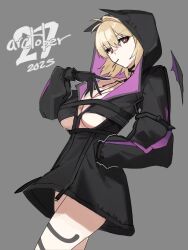  2025 absurdres antenna_hair arcueid_brunestud black_hands black_hoodie black_skirt blonde_hair body_markings breasts candy cleavage colored_extremities commentary cosplay cowboy_shot dated demon_girl demon_wings english_commentary female food food_in_mouth grey_background hand_in_pocket highres hood hood_up hooded_jacket hoodie jacket jonyeld large_breasts lilith_(fate) lilith_(fate)_(cosplay) lilith_(first_ascension)_(fate) lollipop lollipop_in_mouth open_clothes open_jacket red_eyes short_hair simple_background single_hair_intake skirt solo tattoo_between_breasts tsukihime wings 