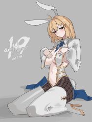  2025 absurdres animal_ears arcueid_brunestud between_breasts blonde_hair blue_necktie blush boots breast_curtains breasts cleavage clothes_between_breasts dated fake_animal_ears fake_tail female fishnet_pantyhose fishnets grey_background head_tilt highres jonyeld kneeling large_breasts looking_at_viewer navel necktie necktie_between_breasts pantyhose rabbit_ears rabbit_tail red_eyes shirt short_hair simple_background solo tail thigh_boots tsukihime white_boots white_shirt 