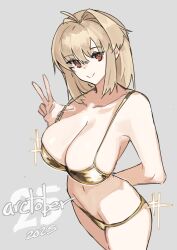  2025 absurdres alternate_breast_size_(larger) antenna_hair arcueid_brunestud arm_behind_back bikini blonde_hair breasts cleavage commentary cowboy_shot english_commentary english_text female gold_bikini grey_background groin hair_intakes highres jonyeld looking_at_viewer medium_hair red_eyes simple_background single_hair_intake smile strap_pull swimsuit thick_thighs thighs tsukihime v 