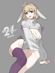  2025 absurdres animal_ears antenna_hair arcueid_brunestud blonde_hair breasts cleavage cleavage_cutout clothing_cutout commentary dated english_commentary fake_animal_ears female grey_background highleg highleg_leotard highres invisible_chair jonyeld large_breasts leotard open_mouth playboy_bunny rabbit_ears red_eyes short_hair simple_background single_thighhigh sitting solo thighhighs tsukihime white_leotard 