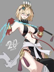  2025 absurdres antenna_hair arcueid_brunestud bare_legs blonde_hair breasts cleavage cosplay cowboy_shot dated energy_weapon facial_mark female gloves grey_background head_ornament highres hip_bones holding holding_whip jonyeld one_eye_closed open_mouth red_eyes red_gloves revealing_clothes ribs short_hair simple_background solo tassel tenochtitlan_(fate) tenochtitlan_(fate)_(cosplay) tenochtitlan_(first_ascension)_(fate) tsukihime whip 