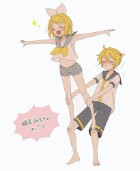  1boy :d ahoge barefoot black_sailor_collar black_shorts blonde_hair blush bow closed_eyes collarbone commentary_request cropped_shirt double-parted_bangs female full_body grey_shirt grey_shorts hair_between_eyes hair_ornament hairbow hairpin highres kagamine_len kagamine_rin leg_grab lifting_person medium_hair midriff navel neckerchief necktie nose_blush open_mouth outstretched_arms parody_request pout sailor_collar shirt short_hair short_shorts short_sleeves shorts sidelocks simple_background sleeveless sleeveless_shirt smile sparkle swept_bangs tono_kabeuchi translation_request vocaloid white_background white_bow white_headphones white_shirt yellow_neckerchief yellow_necktie 