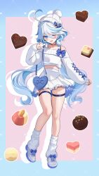  absurdres alternate_costume bag beanie blue_eyes blue_hair candy chocolate commentary_request cowlick cropped_sweater drop-shaped_pupils drop_shadow english_commentary female food full_body furina_(genshin_impact) genshin_impact half-heart_hands hat heart heart-shaped_bag heart-shaped_chocolate heart-shaped_food highres leg_warmers long_hair looking_at_viewer midriff mixed-language_commentary one_eye_closed pink_background rrr_gns_(riuriu_1212) shoulder_bag skirt solo symbol-shaped_pupils thigh_strap white_hair white_leg_warmers white_shoes white_skirt 