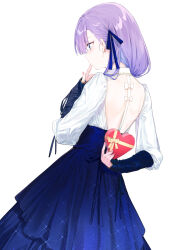  back blue_eyes blue_ribbon blunt_bangs blush coffeekite commentary_request earrings fate/grand_order fate_(series) female hair_ribbon highres jewelry long_hair meltryllis_(fate) paid_reward_available purple_hair ribbon simple_background skirt sleeves_past_wrists solo white_background 