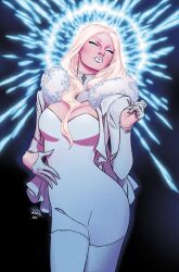  artist_collaboration blonde_hair blue_eyes bodysuit breasts cleavage emma_frost female fur_collar gloves highres jacket large_breasts long_hair looking_at_viewer marvel matt_wilson open_clothes open_jacket russell_dauterman solo thighhighs white_bodysuit white_gloves white_jacket white_lips white_thighhighs x-men 