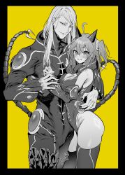  1boy ahoge alternate_costume animal_ears armor aztec bare_shoulders bodysuit breasts cleavage cleavage_cutout clothing_cutout commentary_request detached_sleeves fate/grand_order fate_(series) female fujimaru_ritsuka_(female) greyscale_with_colored_background highres large_breasts leotard long_hair medium_hair monochrome nail_polish one_side_up shimen_soka side_ponytail tail tezcatlipoca_(fate) tezcatlipoca_(second_ascension)_(fate) thighhighs thighs 