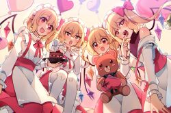  4girls apron balloon bare_shoulders blonde_hair box breasts cake cake_slice cleavage cowboy_shot crystal_wings flandre_scarlet food four_of_a_kind_(touhou) frills hair_ribbon heart heart-shaped_box heart-shaped_pupils heart_balloon highres kirero love_letter maid_apron maid_headdress multiple_girls neck_ribbon open_mouth red_eyes red_ribbon revision ribbon symbol-shaped_pupils touhou 