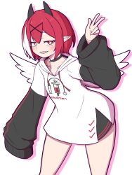  angel angel_wings black_horns bob_cut borrowed_character check_copyright choker copyright_request cowboy_shot demon_girl demon_horns drop_shadow grin highres hood hoodie horns nirade44 original pale_skin pointy_ears red_eyes short_hair smile solo v white_wings wings 