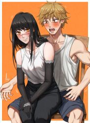  1boy black_gloves black_hair black_pants blonde_hair blue_shorts blush border chainsaw_man closed_mouth denji_(chainsaw_man) elbow_gloves female gloves highres long_hair matomo on_chair open_mouth orange_background pants ringed_eyes scar scar_on_cheek scar_on_face scar_on_nose sharp_teeth short_hair shorts sitting smile straight sweat tank_top teeth white_border white_tank_top yoru_(chainsaw_man) 