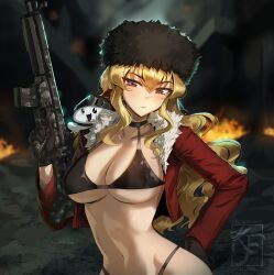  absurdres artist_logo bikini black_bikini black_gloves blonde_hair blurry blurry_background breasts cleavage closed_mouth collarbone commission copyright_request female fire fur-trimmed_jacket fur_hat fur_trim gloves gun hat highres holding holding_gun holding_weapon jacket knightfang lips logo long_hair long_sleeves open_clothes open_jacket papakha red_eyes red_jacket shako_cap skull_print swimsuit weapon 