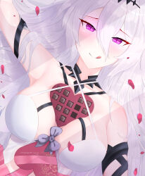  :q absurdres arbiter_the_empress_iii_(azur_lane) azur_lane bare_shoulders blush chocolate dress female gift hair_between_eyes highres licking_lips looking_at_viewer lying mister_varkat on_back purple_eyes siren_(azur_lane) solo tongue tongue_out valentine white_dress white_hair 