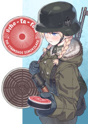  blonde_hair blue_eyes blue_gloves blush bolt_action breasts canister censored_symbol chocolate combat_helmet female from_above gloves green_jacket gun gun_sling helmet highres holding jacket load_bearing_equipment long_sleeves mauser_98 medium_breasts original parted_lips reichsadler rifle samaru_(seiga) short_twintails solo stahlhelm stick_grenade swastika sweatdrop twintails weapon wehrmacht 