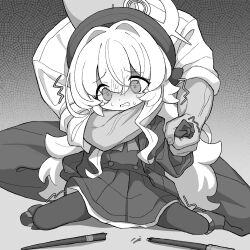  1boy abuse asphyxiation beret blue_archive bow bowtie clenched_teeth coat female furrowed_brow gloves grabbing_another&#039;s_arm greyscale hair_between_eyes hair_intakes halo hat highres ketsu_juuji_killer_(kejuki) long_hair long_sleeves monochrome motion_lines open_clothes open_coat pantyhose professor_niyaniya_(blue_archive) ryona shaded_face shirt sitting skirt strangling sweat tearing_up teeth trembling very_long_hair 