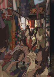  6+girls absurdres animal_ears applying_makeup black_hair blurry blurry_foreground breasts brushing_hair closed_eyes clothes_down comb dressing_another ears_down floral_print fox_ears fox_girl fox_tail green_kimono hand_mirror highres indoors japanese_clothes kimono lipstick long_hair looking_at_mirror low-tied_long_hair makeup medium_breasts mirror multiple_girls original parted_bangs parted_lips print_kimono red_skirt sitting skirt smile standing sunflower_print tail tatami topless tree_print tukuso unworn_kimono white_kimono window yellow_kimono 