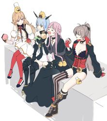  4girls adapted_costume aiguillette alternate_hairstyle anchor anchor_earrings animal_on_head animal_on_lap arm_support armor asymmetrical_footwear asymmetrical_legwear azur_lane bare_shoulders belt black_belt black_cape black_cat black_choker black_dress black_gloves black_jacket black_shoes black_shorts blue_hair boots braid breasts brown_boots brown_hair cape chef_hat chewing choker cleavage clemenceau_(azur_lane) closed_eyes closed_mouth collarbone corset cross cross-laced_clothes cross_necklace crossed_legs crown_braid cutoff_jeans cutoffs detached_sleeves dress earrings eating elbow_gloves epaulettes feline flag_print food food_request french_flag french_flag_print frilled_choker frills full_body fur_trim gascogne_(azur_lane) gauntlets gloves gold_trim greaves hair_between_eyes hair_ornament hair_ribbon half_gloves hand_up hat hatski.sin headgear high_heels high_ponytail highres holding holding_food jacket jean_bart_(azur_lane) jewelry juliet_sleeves knee_boots knee_up lace-up_boots large_breasts long_dress long_hair long_sleeves maltese_cross manjuu_(azur_lane) mechanical_ears medium_breasts midriff multicolored_hair multiple_girls necklace o-ring o-ring_choker off-shoulder_dress off_shoulder on_head on_lap open_mouth orange_hair pastry ponytail puffy_detached_sleeves puffy_long_sleeves puffy_sleeves purple_eyes red_corset red_eyes red_gloves red_thighhighs ribbon richelieu_(azur_lane) riding riding_animal shoes short_hair short_shorts shorts sidelocks simple_background single_knee_boot single_thighhigh sitting skindentation sleeve_cuffs smile strapless strapless_dress streaked_hair striped_clothes striped_sleeves striped_thighhighs thigh_strap thighhighs thighs translation_request two-barred_cross uneven_footwear uneven_legwear vertical-striped_clothes vertical-striped_sleeves vertical-striped_thighhighs very_long_hair watson_cross white_background white_dress white_hair yellow_eyes zettai_ryouiki 