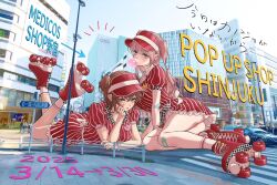  2girls asahina_yuni bent_over brown_hair chewing_gum commentary_request copyright_name hat highres iwami_kiyoko kyou_wa_kanojo_ga_inai_kara multiple_girls photo_background pink_hair real_world_location road roller_skates shinjuku_(tokyo) skates street taki_fuuko thighs tokyo_(city) twintails 