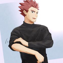  1boy black_shirt grey_background grey_eyes highres imasara_maki lance_(pokemon) looking_down male_focus no_jacket open_mouth pokemon pokemon_hgss red_hair rolling_sleeves_up shirt short_hair solo spiked_hair sweat teeth tongue upper_body upper_teeth_only 