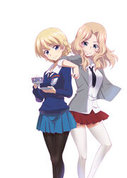  2girls black_necktie black_pantyhose blonde_hair blouse blue_eyes blue_skirt blue_sweater braid closed_mouth collared_shirt commentary_request cup darjeeling_(girls_und_panzer) dress_shirt elbow_on_another&#039;s_shoulder emblem girls_und_panzer hair_intakes highres holding holding_cup holding_saucer jacket kay_(girls_und_panzer) long_hair long_sleeves looking_at_viewer miniskirt multiple_girls necktie open_clothes open_jacket pantyhose pleated_skirt saitaniya_ryouichi saucer saunders_school_uniform school_uniform shirt short_hair side-by-side simple_background skirt sleeves_rolled_up smile st._gloriana&#039;s_(emblem) st._gloriana&#039;s_school_uniform standing sweater teacup thighhighs tied_hair twin_braids v-neck white_background white_legwear white_shirt wind wing_collar 