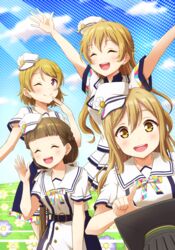  4girls arms_up bow cloud cloudy_sky commentary costume crossover day dress hat highres in-franchise_crossover koizumi_hanayo konoe_kanata kunikida_hanamaru love_live! love_live!_nijigasaki_high_school_idol_club love_live!_school_idol_project love_live!_sunshine!! love_live!_superstar!! multiple_girls qy73 rainbow_bow sakurakoji_kinako sky waving 