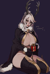  absurdres antlers artoria_pendragon_(fate) artoria_pendragon_(lancer_alter)_(fate) bell black_gloves blush boots bow breasts brown_background cape christmas cleavage cleavage_cutout closed_mouth clothing_cutout commentary curvy ennuigrl fate/grand_order fate_(series) female fur_collar fur_trim gift gloves highres holding holding_gift horns large_breasts lips looking_to_the_side merry_christmas ponytail seiza sidelocks sitting skindentation solo sweatdrop symbol-only_commentary thick_thighs thigh_boots thighhighs thighs yellow_bow yellow_eyes 