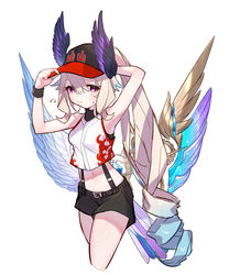  aqua_nails baseball_cap baseball_jersey bird_girl black_hat black_shorts blonde_hair blue_hair blush breasts crop_top enna_alouette female flower hat head_wings highres jersey kt._(kaisou-notagui) long_hair looking_at_viewer mechanical_wings midriff multicolored_hair nail_polish navel nijisanji nijisanji_en ponytail purple_eyes purple_wings shirt shorts simple_background sleeveless small_breasts solo suspenders very_long_hair virtual_youtuber white_background white_flower white_shirt wings wristband 