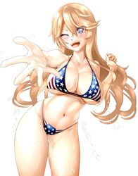  american_flag american_flag_bikini american_flag_print ass_visible_through_thighs asymmetrical_hair bare_shoulders bikini blonde_hair blue_eyes blush breasts cleavage clenched_hand collarbone contrapposto cowboy_shot curvy eyes_visible_through_hair female flag_print floating_hair foreshortening hair_between_eyes halterneck hand_up highleg highleg_bikini iowa_(kancolle) kamimon_(schwarzkap) kantai_collection large_breasts leaning_to_the_side linea_alba long_hair looking_at_viewer micro_bikini navel one_eye_closed open_hand open_mouth palms print_bikini reaching reaching_towards_viewer simple_background skindentation smile solo star-shaped_pupils star_(symbol) strap_gap swept_bangs swimsuit symbol-shaped_pupils thick_thighs thigh_gap thighs tsurime very_long_hair white_background wide_hips 