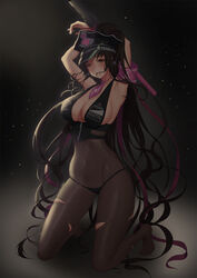  armpits baeg_mi bare_shoulders bikini black_bikini black_bodysuit black_hair blush bodysuit breasts cleavage commentary fate/grand_order fate_(series) female hat highres large_breasts long_hair looking_at_viewer multicolored_hair parted_bangs peaked_cap photoshop_(medium) pink_hair sessyoin_kiara sessyoin_kiara_(swimsuit_mooncancer) sessyoin_kiara_(swimsuit_mooncancer)_(second_ascension) smile solo streaked_hair swimsuit thighs traffic_baton very_long_hair yellow_eyes 