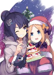  2girls :d abigail_williams_(fate) animal black_bow black_hair blue_eyes bow christmas christmas_tree commentary_request dress fate/grand_order fate_(series) food fur-trimmed_headwear fur-trimmed_sleeves fur_trim grey_jacket grin hair_bun hair_ornament hairbow hand_on_another&#039;s_shoulder hat highres hood hood_down hooded_jacket jacket katsushika_hokusai_(fate) katsushika_hokusai_(traveling_outfit)_(fate) long_sleeves multiple_girls nanateru octopus official_alternate_costume one_eye_closed open_mouth orange_bow parted_bangs polka_dot polka_dot_bow red_dress red_headwear santa_costume santa_hat single_hair_bun sleeves_past_fingers sleeves_past_wrists smile teeth tokitarou_(fate) upper_teeth_only 